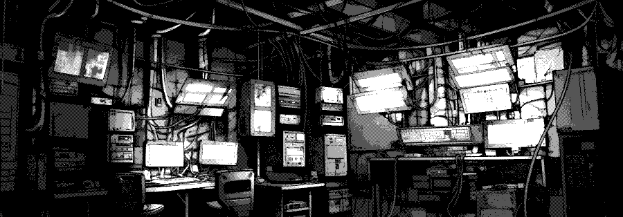 An illustration of a room chaotically filled with computers, wiring, and screens.